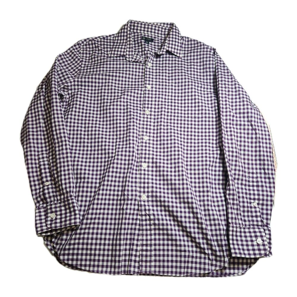 J Crew Purple & White 2 Ply Cotton Gingham Plaid Long Sleeve Button Up Men SZ L